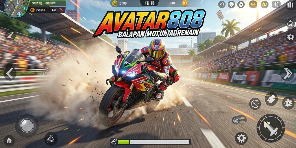 Tampilan gameplay AVATAR808 yang dinamis dan penuh aksi di trek balap motor.