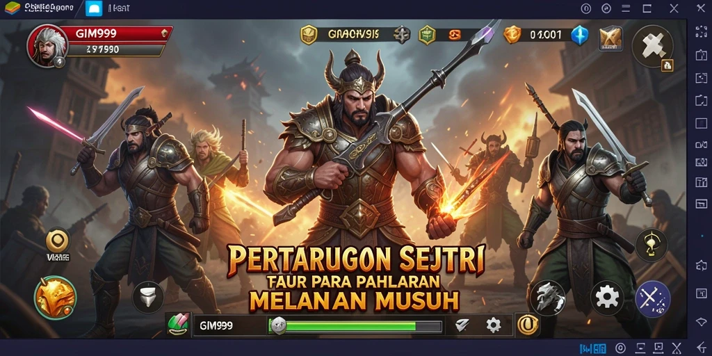 Screenshot GIM999 menampilkan aksi pertarungan epik dengan karakter yang beragam.